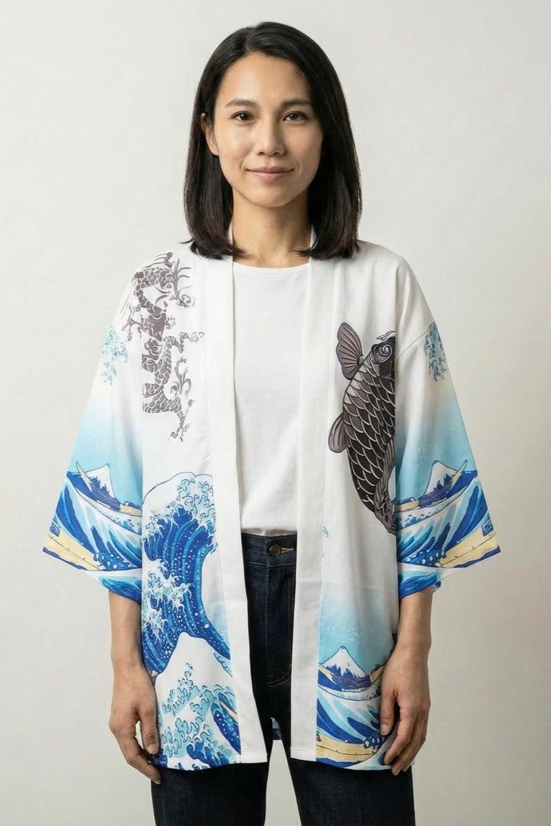 Chaqueta kimono para mujer Kanagawa blanca degradado azul estampado de la gran ola y carpa corte corto streetwear japonés Ropa Japonesa