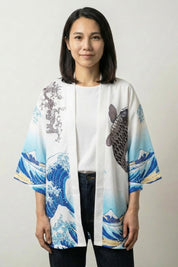 Chaqueta kimono para mujer Kanagawa blanca degradado azul estampado de la gran ola y carpa corte corto streetwear japonés Ropa Japonesa