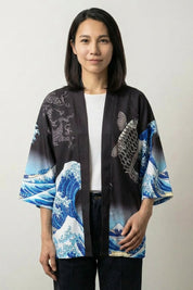 Chaqueta kimono para mujer Kanagawa negra estampado gran ola Hokusai dragón carpa koi mangas tres cuartos streetwear japonés Ropa Japonesa