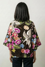 Haori Sakaide grullas y flores chaqueta kimono japonesa detalle motivo espalda