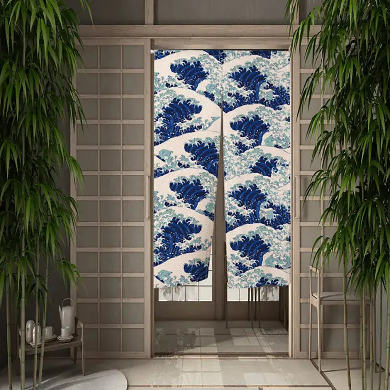 Noren japonés Kanagawa Wave con la Gran Ola de Kanagawa repetida en friso impresa sobre poliéster Ropa Japonesa