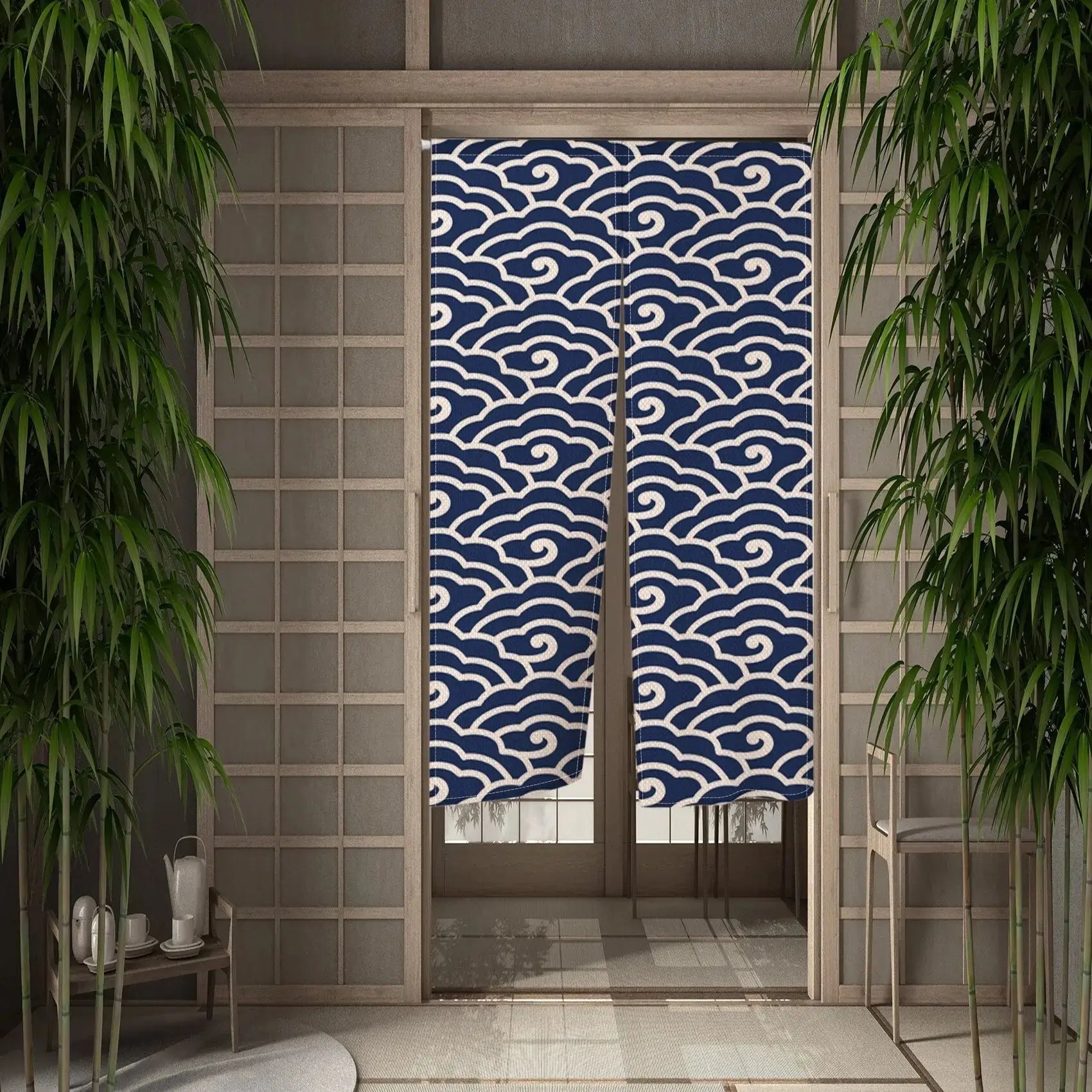 Noren japonés Kizuna con sayagata-nami en espirales blancas apretadas sobre fondo marino impreso sobre poliéster Ropa Japonesa