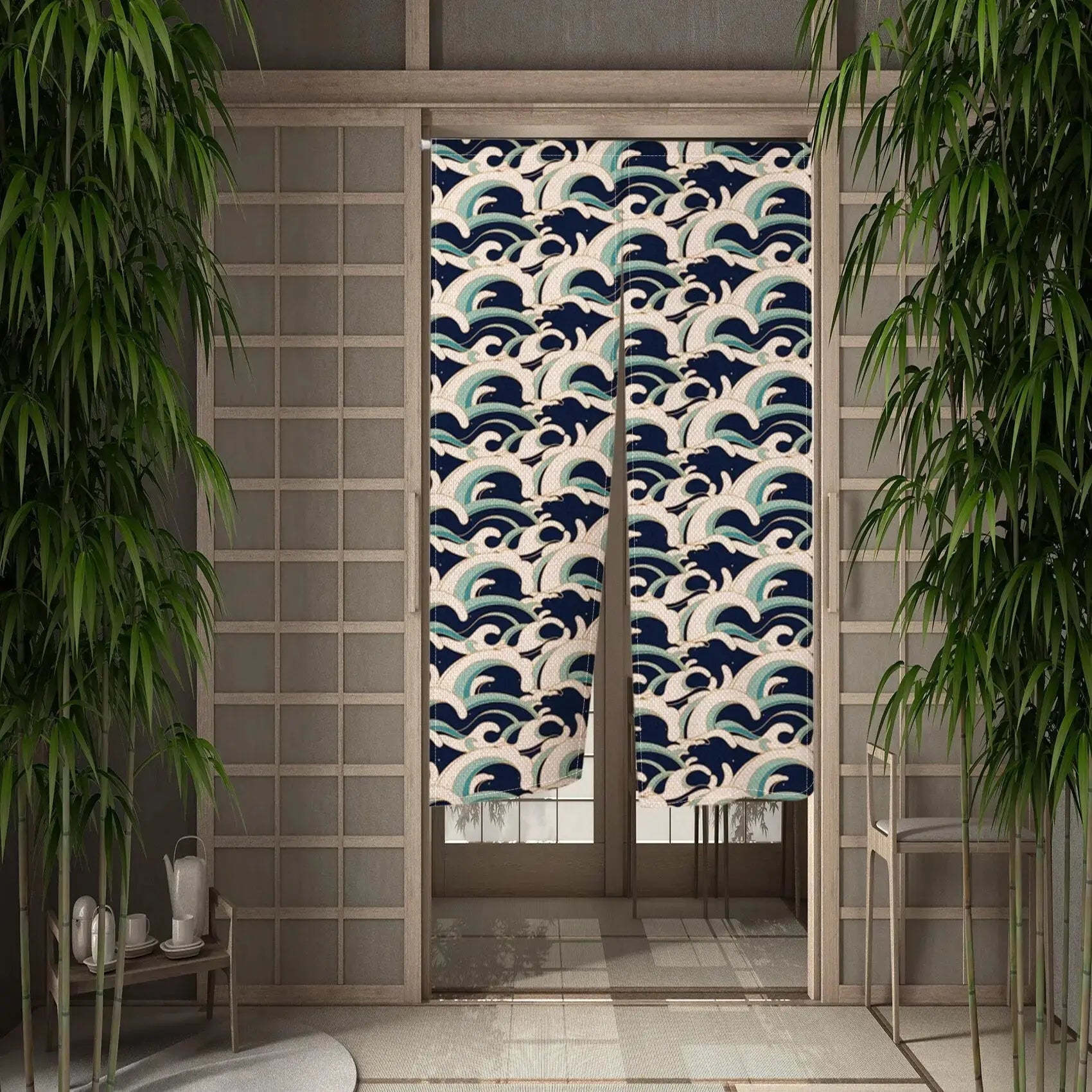 Noren japonés Okodara con olas espumeantes marino, turquesa y beige rosado impreso sobre poliéster Ropa Japonesa
