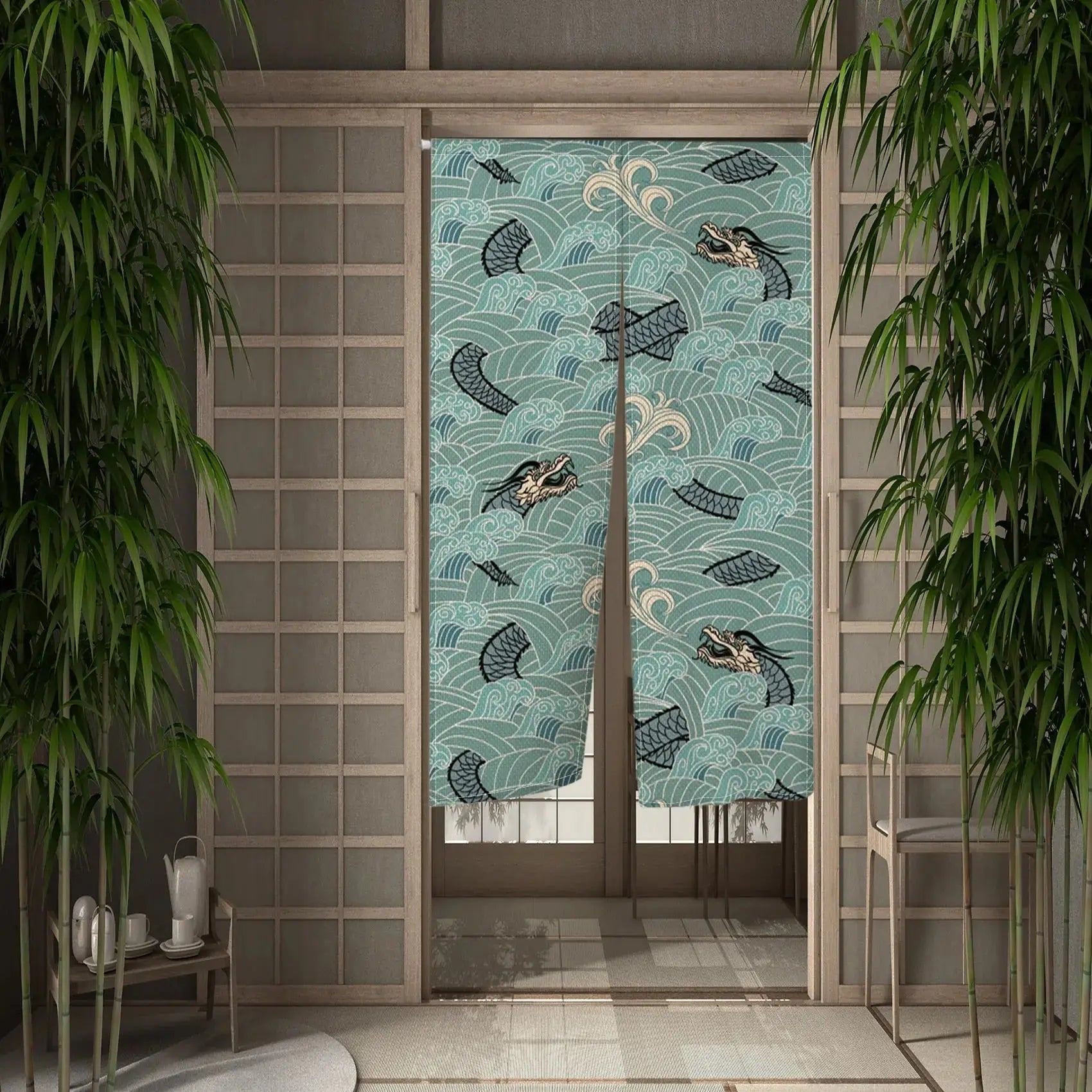 Noren japonés Ryū-jin con dragones de agua y olas sobre fondo turquesa luminoso impreso sobre poliéster Ropa Japonesa