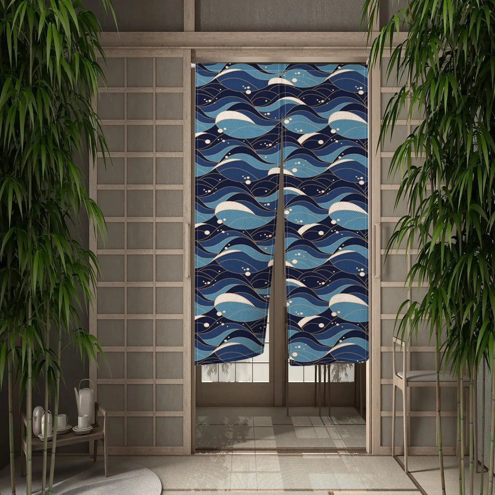 Noren japonés Tsubaki con olas estilizadas horizontales en bandas marino y blanco impreso sobre poliéster Ropa Japonesa