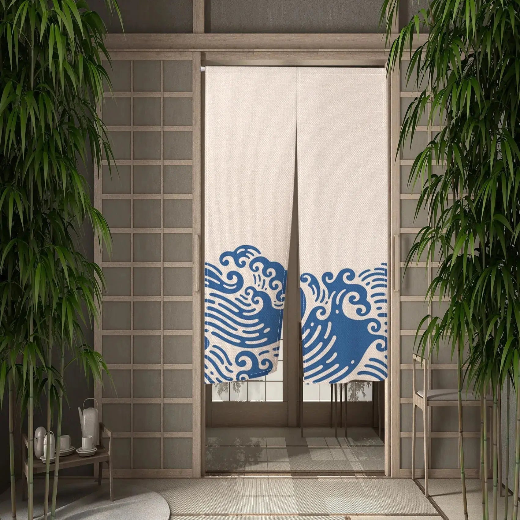 Noren japonés Tsubomi con olas azules concentradas en friso bajo sobre fondo blanco-crema impreso sobre poliéster Ropa Japonesa
