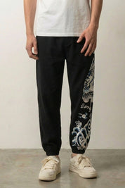Pantalón amplio japonés Akira gris con inserto lateral bordado dragón y olas Ropa Japonesa