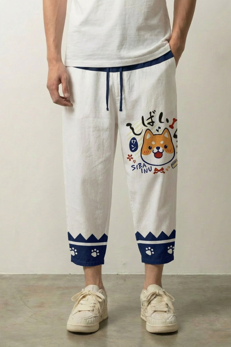 Pantalón corto japonés Neo Tokyo diseño 1 estampado Shiba Inu kawaii sobre fondo blanco Ropa Japonesa