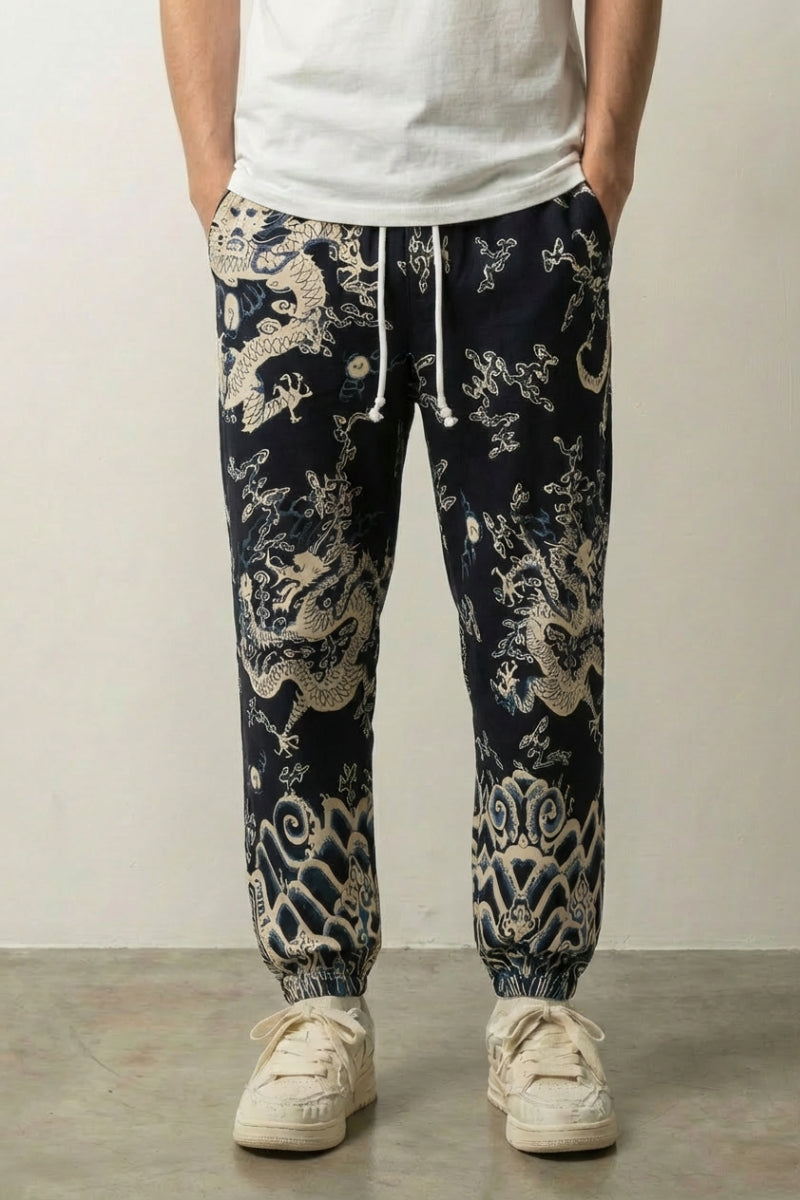 Pantalón dragón japonés Ryūjin negro con estampado all-over de dragones y olas Ropa Japonesa