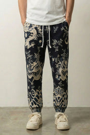 Pantalón dragón japonés Ryūjin negro con estampado all-over de dragones y olas Ropa Japonesa