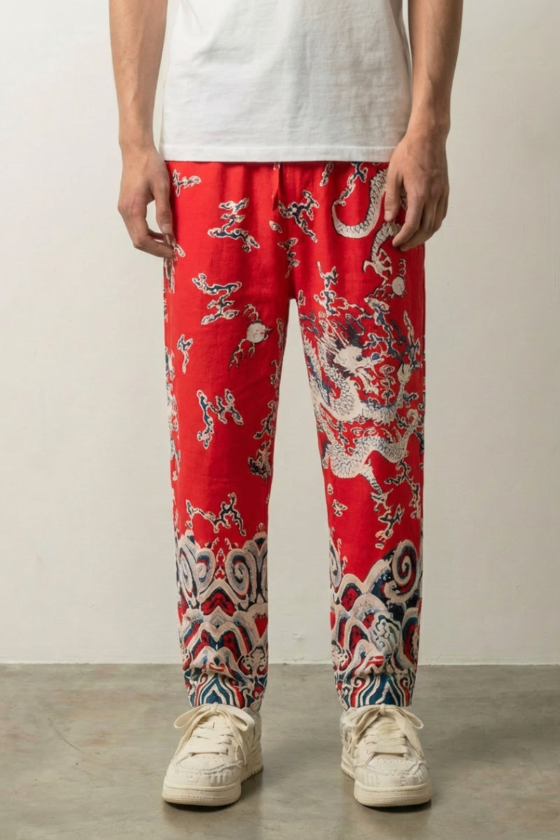 Pantalón Dragón Japonés 'Ryūjin' Rojo pantalón japonés streetwear Ropa Japonesa
