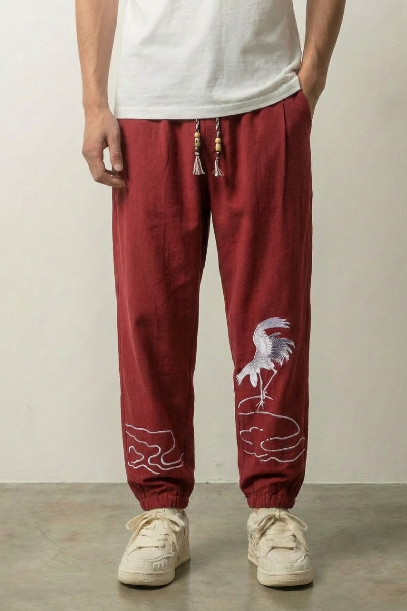 Pantalón Japonés Bordado 'Tsuru' Rojo pantalón japonés streetwear Ropa Japonesa