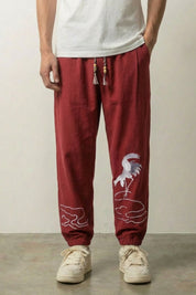 Pantalón Japonés Bordado 'Tsuru' Rojo pantalón japonés streetwear Ropa Japonesa