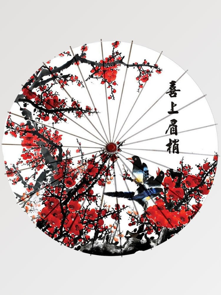 Paraguas japonés wagasa Kanji blanco con ciruelo rojo y caligrafía shodō vertical Ropa Japonesa