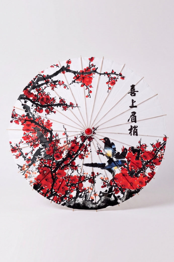 Sombrilla japonesa 'Kanji' vista desde arriba, abierta en plano — tela blanca con ciruelo rojo y negro acompañado de caligrafía