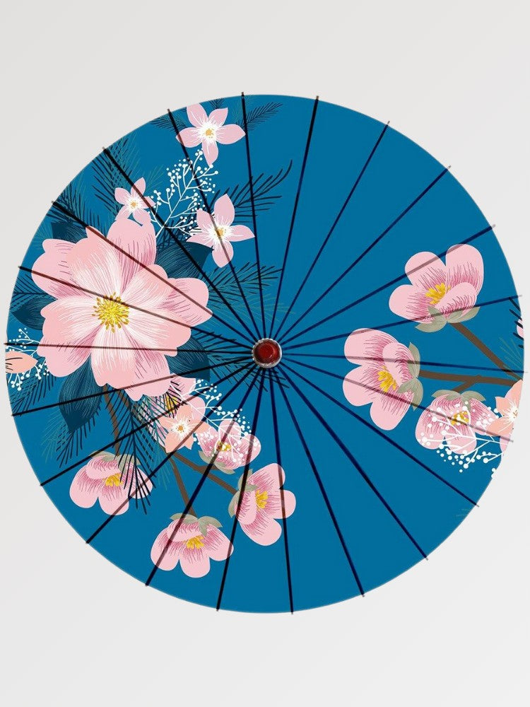 Paraguas japonés wagasa Furawazu azul pato con flores rosas gráficas sobre papel washi Ropa Japonesa