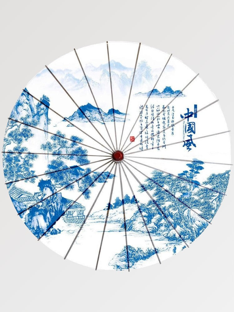 Paraguas japonés wagasa Kashika con paisaje sometsuke azul cobalto sobre papel washi Ropa Japonesa