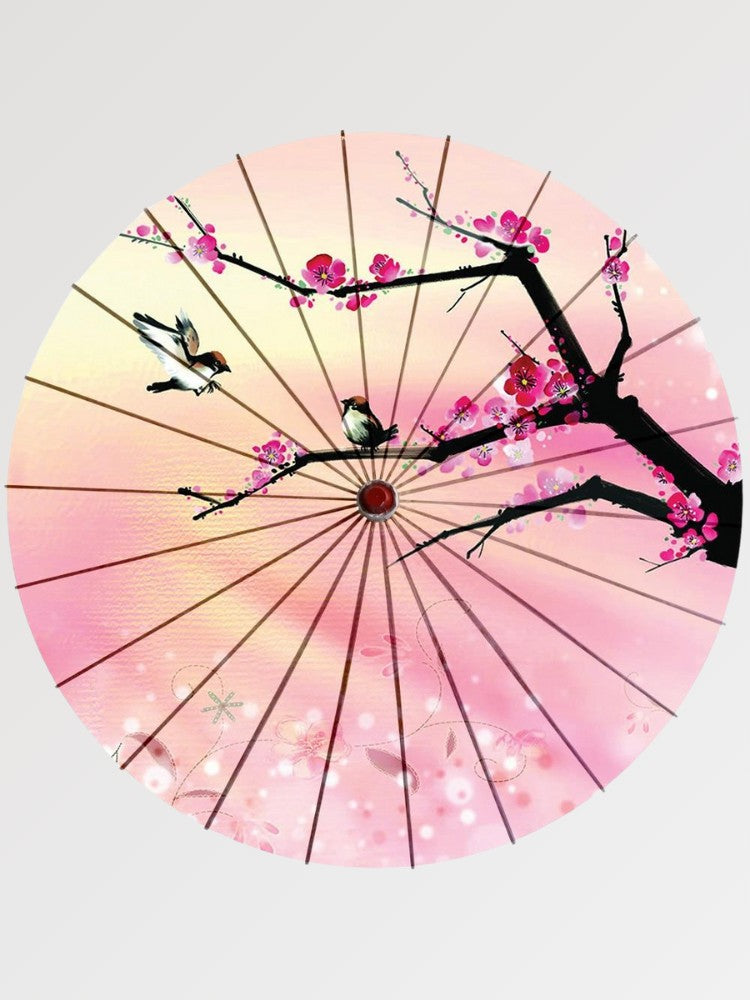 Paraguas japonés wagasa Sakura rosa degradado bokashi con cerezos fucsia y gorriones Ropa Japonesa