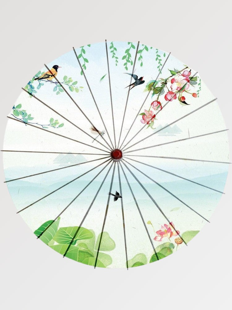 Paraguas japonés wagasa Sakura x Lotus con cerezos y lotos sobre papel washi Ropa Japonesa