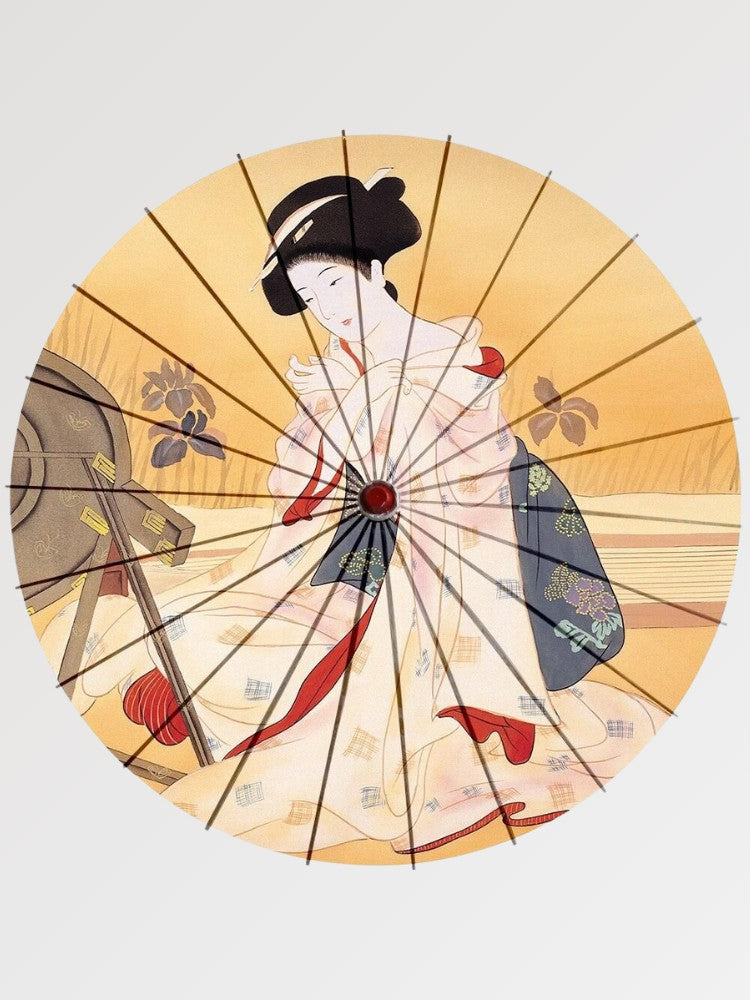 Paraguas japonés wagasa Take-Amino con dama en kimono crema sobre fondo dorado bijin-ga Ropa Japonesa