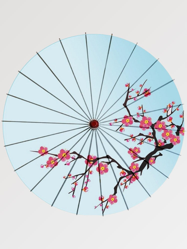 Paraguas japonés wagasa Cerezos en flor azul cielo con ramas fucsia sobre papel washi Ropa Japonesa