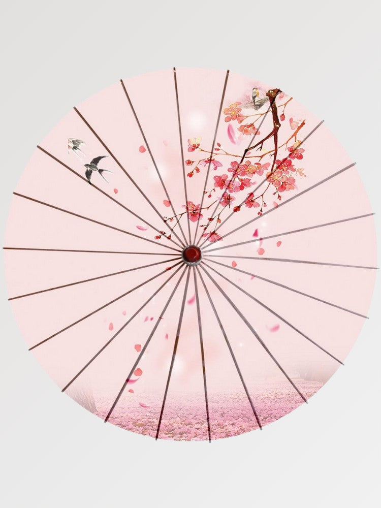 Paraguas japonés wagasa Classic Sakura rosa con ciruelo y golondrinas sobre papel washi Ropa Japonesa
