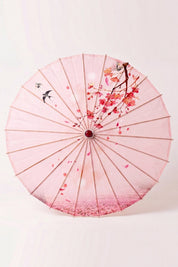 Sombrilla japonesa 'Sakura Classic' vista desde arriba, abierta en plano — tela rosa pálido con pájaros y ramas finas en flor