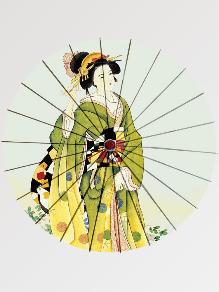 Paraguas japonés wagasa Kimiko con dama en kimono verde y amarillo bijin-ga sobre papel washi Ropa Japonesa