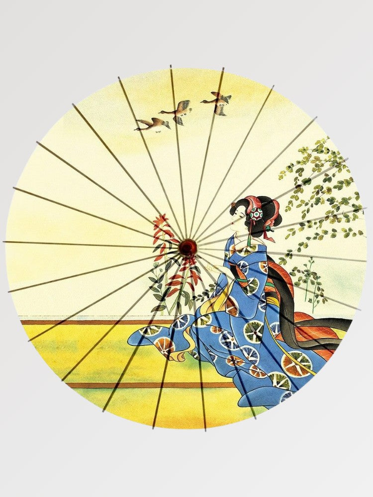 Paraguas japonés wagasa Shojino con dama en kimono azul de verano y sauce sobre papel washi Ropa Japonesa
