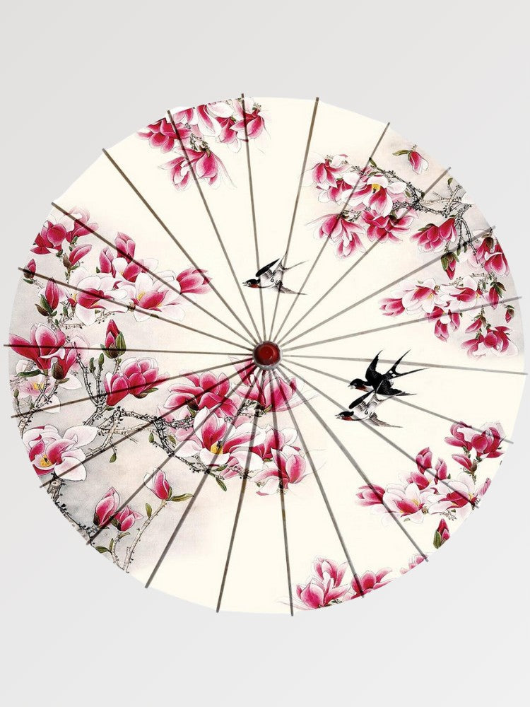 Paraguas japonés wagasa Nomikomu con magnolias rosa fucsia y golondrinas sobre papel washi Ropa Japonesa