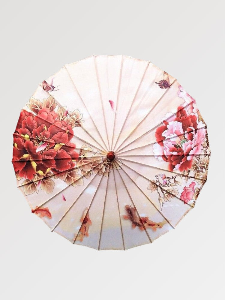 Paraguas japonés wagasa Gasuka con peonías rojo y rosa y mariposas sobre papel washi Ropa Japonesa