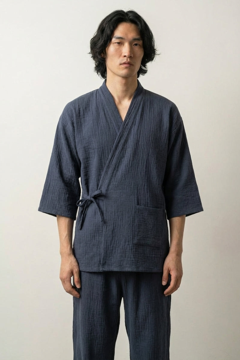 Pijama de verano japonés Asuha verde hojas cáñamo asanoha gasa algodón transpirable cruzado delante mangas tres cuartos pantalón tobillo estilo streetwear japonés Ropa Japonesa