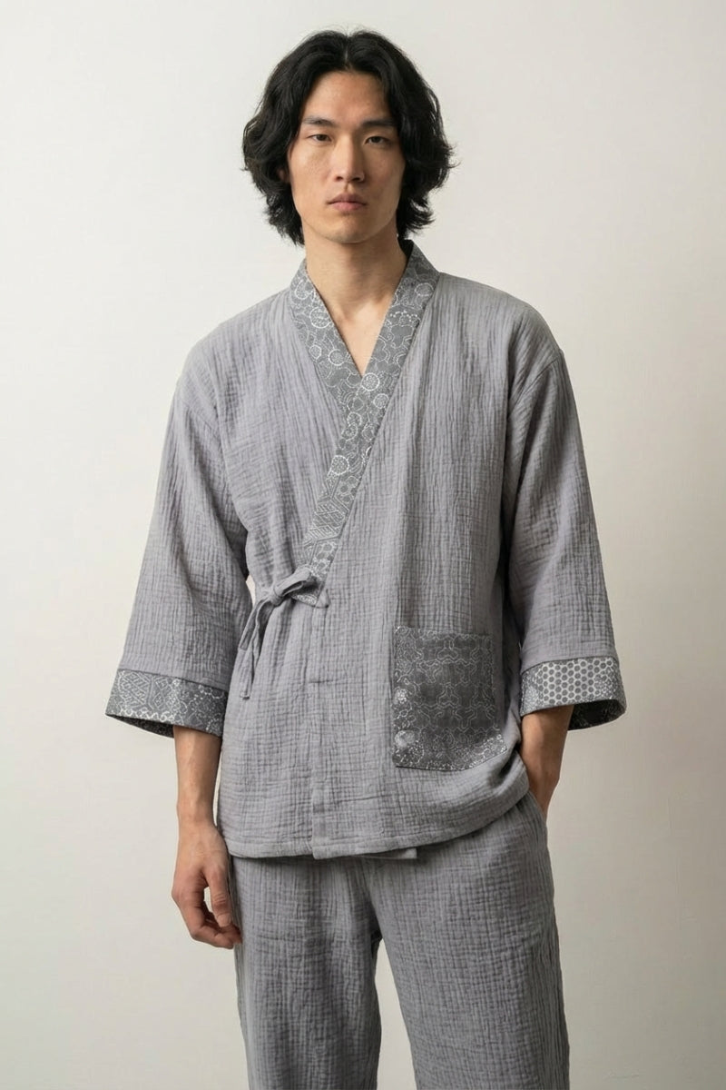 Pijama estilo japonés Kikkoha motivo kikko caparazón tortuga hexagonal gasa algodón cruzado delante mangas tres cuartos pantalón tobillo estilo streetwear Ropa Japonesa