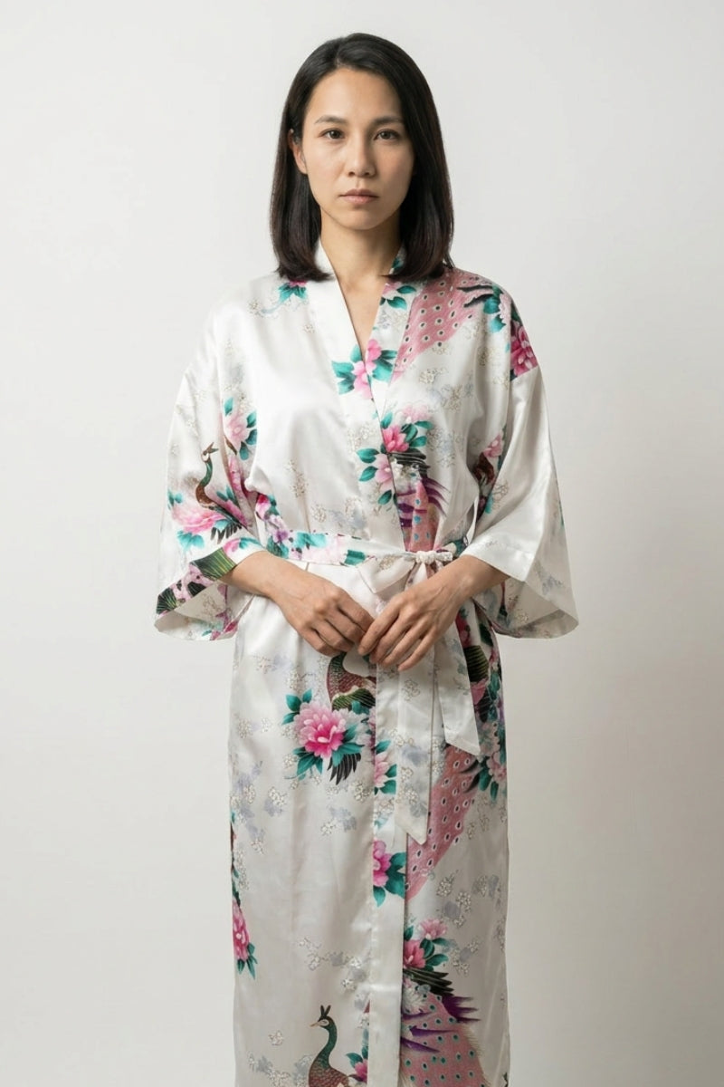 Pijama largo japonés estilo kimono blanco con flores para mujer - Ropa Japonesa