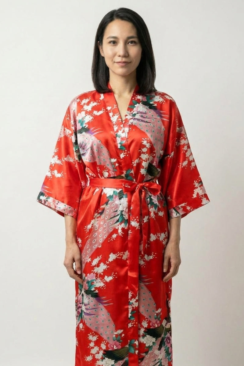 Pijama japonés largo estilo kimono rojo floral para mujer - Ropa Japonesa