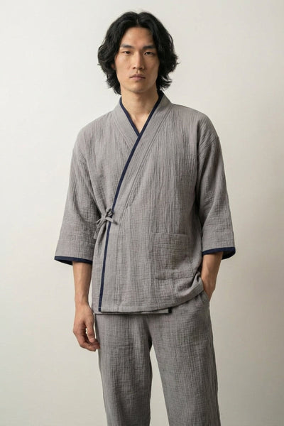 Pijama Jinbei Gris 'Haikon' Ribete Marino