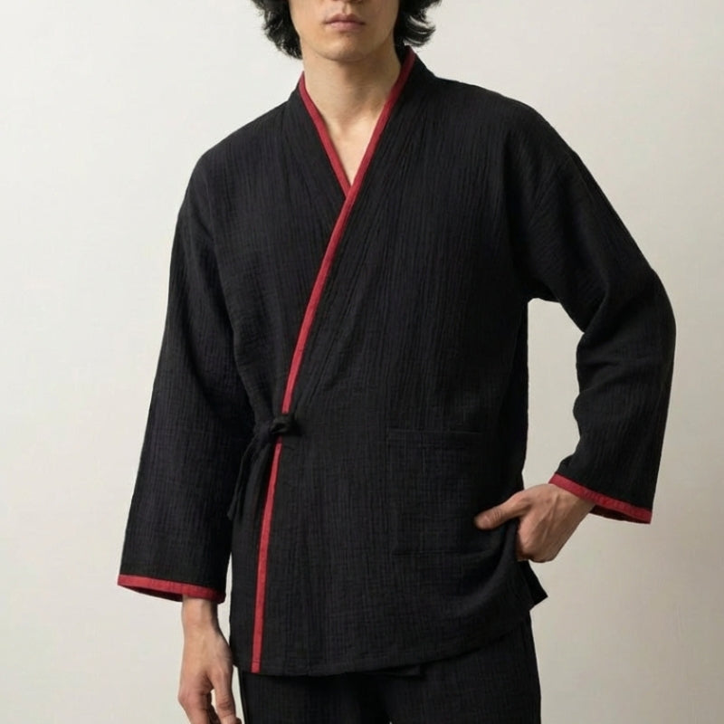 Pijama jinbei hombre Kurenai negro gasa algodón ribete rojo bermellón beni cruzado delante mangas largas pantalón tobillo estilo japonés Ropa Japonesa