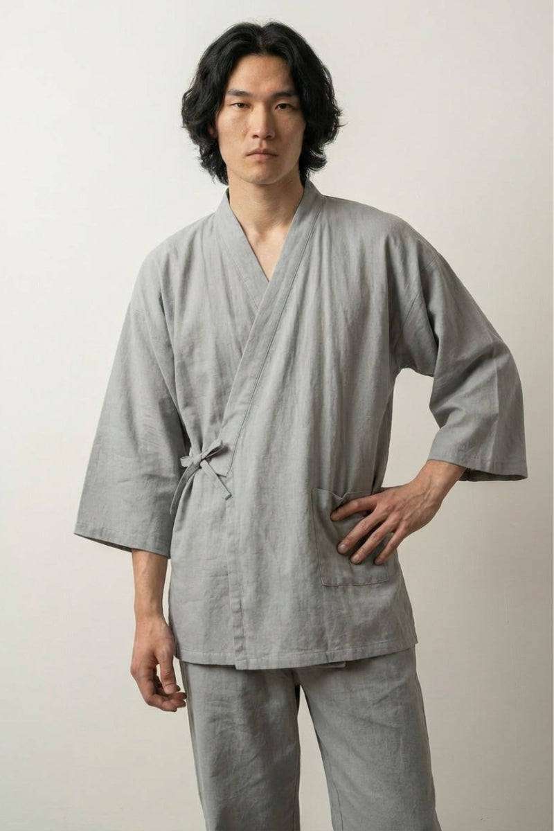Pijama jinbei verde Moegi lino color brotes jóvenes salvia cruzado delante mangas tres cuartos pantalón tobillo estilo streetwear japonés Ropa Japonesa