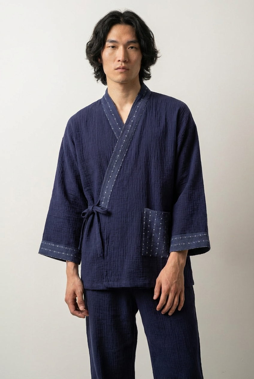 Pijama jinbei kimono japonés Konjiki azul marino gasa de algodón arrugada ribete con fino motivo claro cruzado delante mangas tres cuartos y pantalón a juego estilo japonés Ropa Japonesa