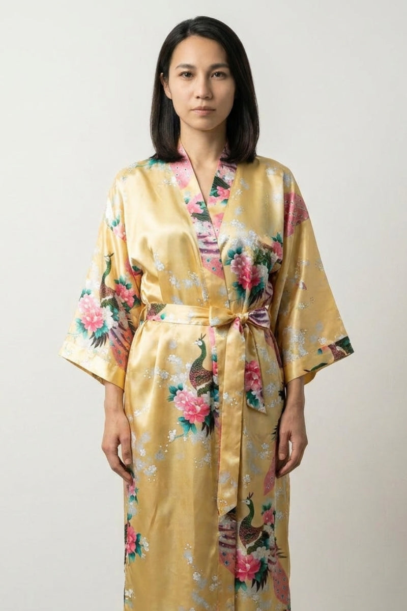 Pijama largo japonés estilo kimono amarillo con estampado floral para mujer - Ropa Japonesa