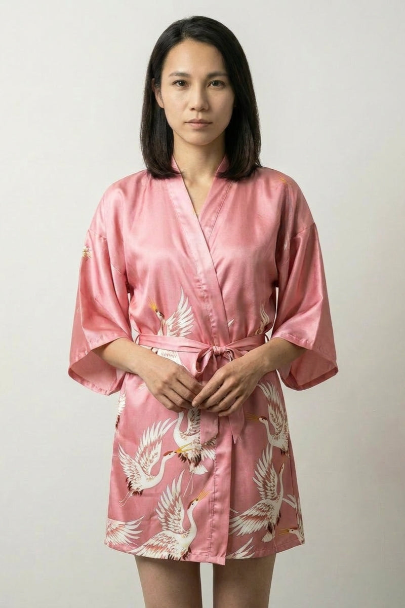 Pijama japonés corto estilo kimono rosa con flores para mujer - Ropa Japonesa
