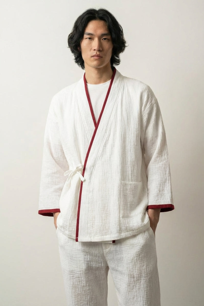 Pijama tradicional japonés Shirobeni blanco gasa algodón ribete rojo cruzado delante mangas tres cuartos pantalón tobillo estilo streetwear japonés Ropa Japonesa