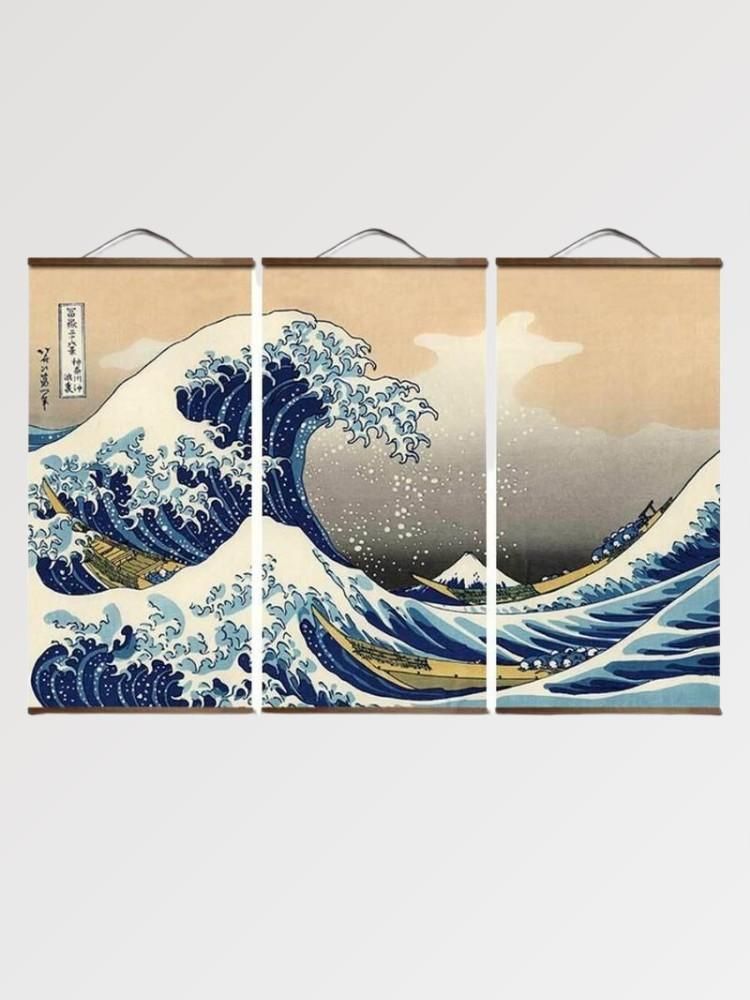 Pintura japonesa tríptico Ola de Kanagawa inspirada en la estampa ukiyo-e sobre lienzo Ropa Japonesa