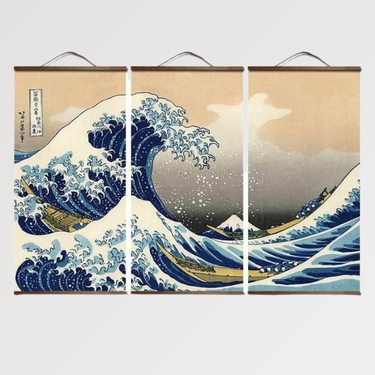 Pintura japonesa tríptico Ola de Kanagawa inspirada en la estampa ukiyo-e sobre lienzo Ropa Japonesa