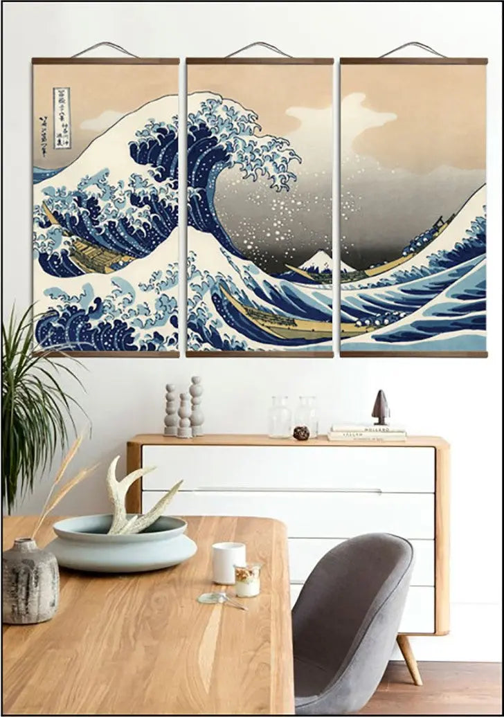 Pintura japonesa tríptico Ola de Kanagawa inspirada en la estampa ukiyo-e sobre lienzo Ropa Japonesa