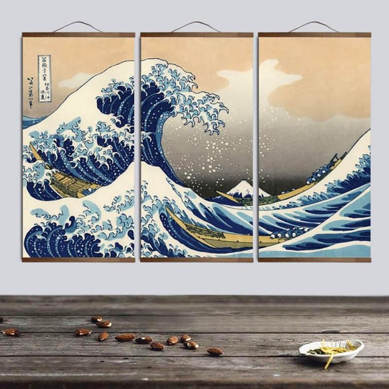 Pintura japonesa tríptico Ola de Kanagawa inspirada en la estampa ukiyo-e sobre lienzo Ropa Japonesa