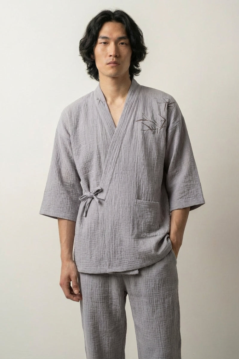 Prenda de noche japonesa Takehai verde bambú take gasa algodón corte samue cruzado delante mangas tres cuartos pantalón tobillo estilo streetwear japonés Ropa Japonesa