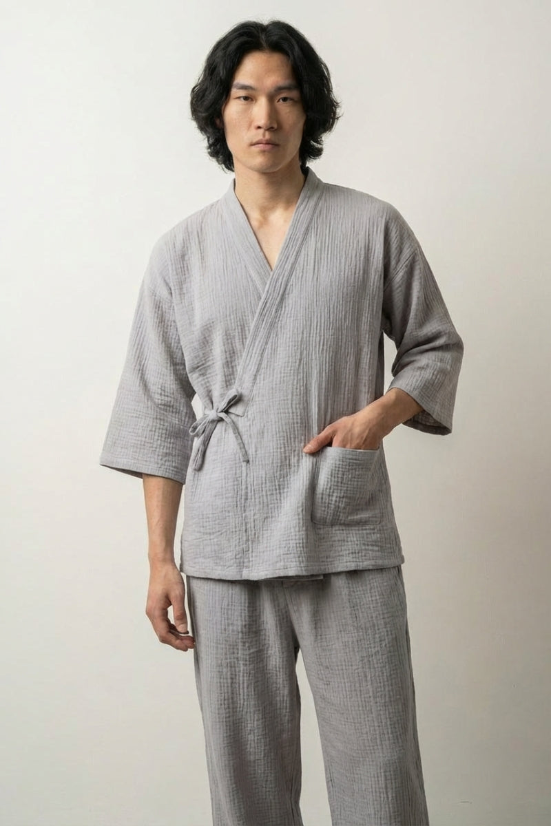 Prenda jinbei primavera Harumo beige rosado gasa algodón corte samue cruzado delante mangas tres cuartos pantalón tobillo estilo streetwear japonés Ropa Japonesa