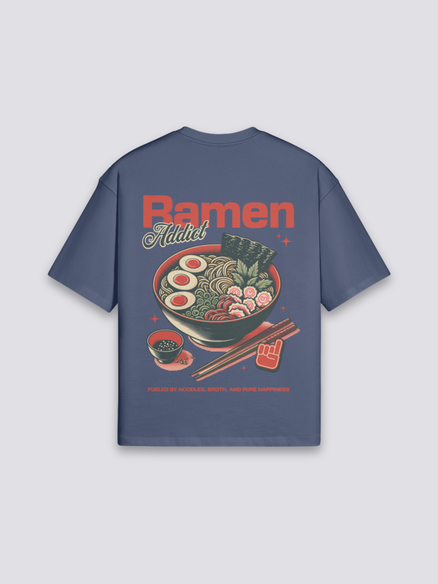 Camiseta ramen bol de fideos azul marino estampado japonés oversize