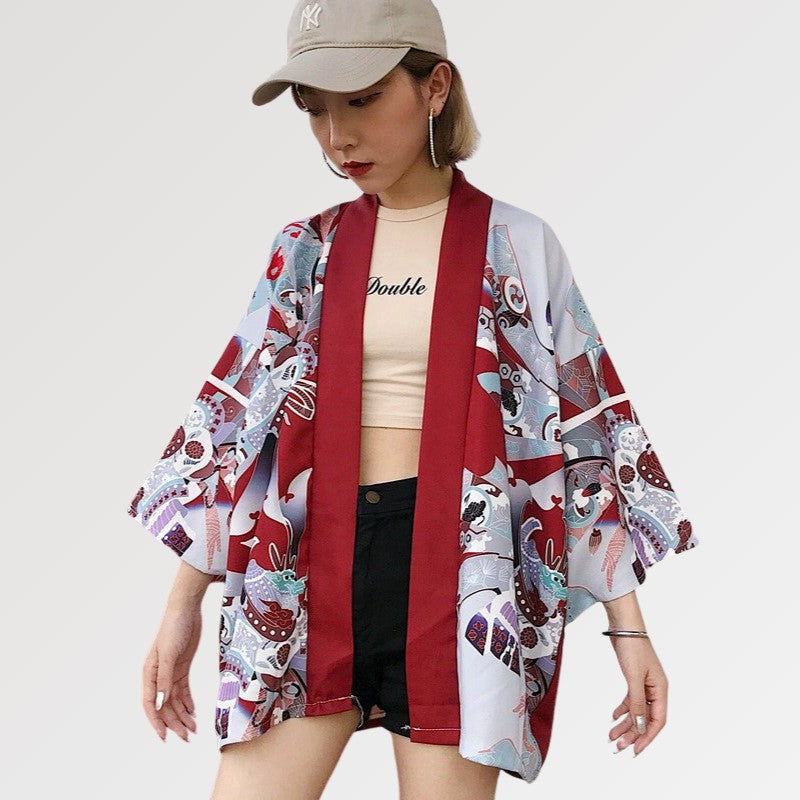 Kimonos rojos para mujer con estampado japonés abstracto